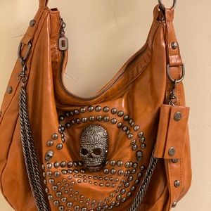 Brown faux leather skull and chain bag